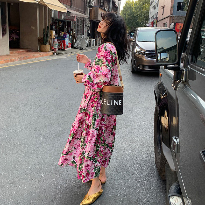 【ワンピース】春夏新作 レッド花柄 ゆったり Vネック 長袖ワンピース【SHシリーズ】