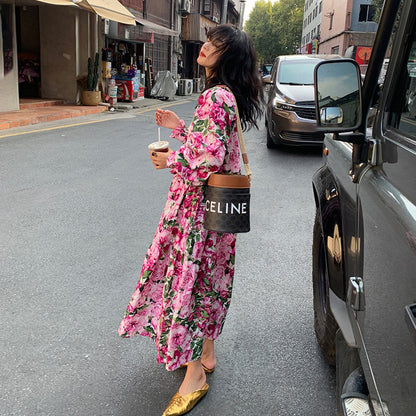 【ワンピース】春夏新作 レッド花柄 ゆったり Vネック 長袖ワンピース【SHシリーズ】