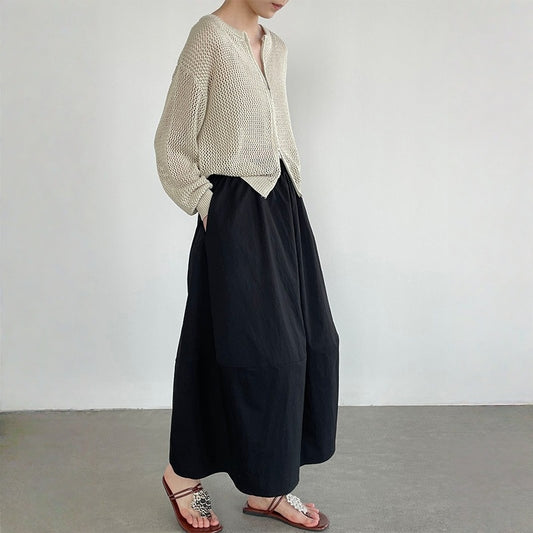 【ボトムス】モノトーン フラワー柄 Aライン フレアスカート ハイウエスト 体型カバー スカート 【JZシリーズ】