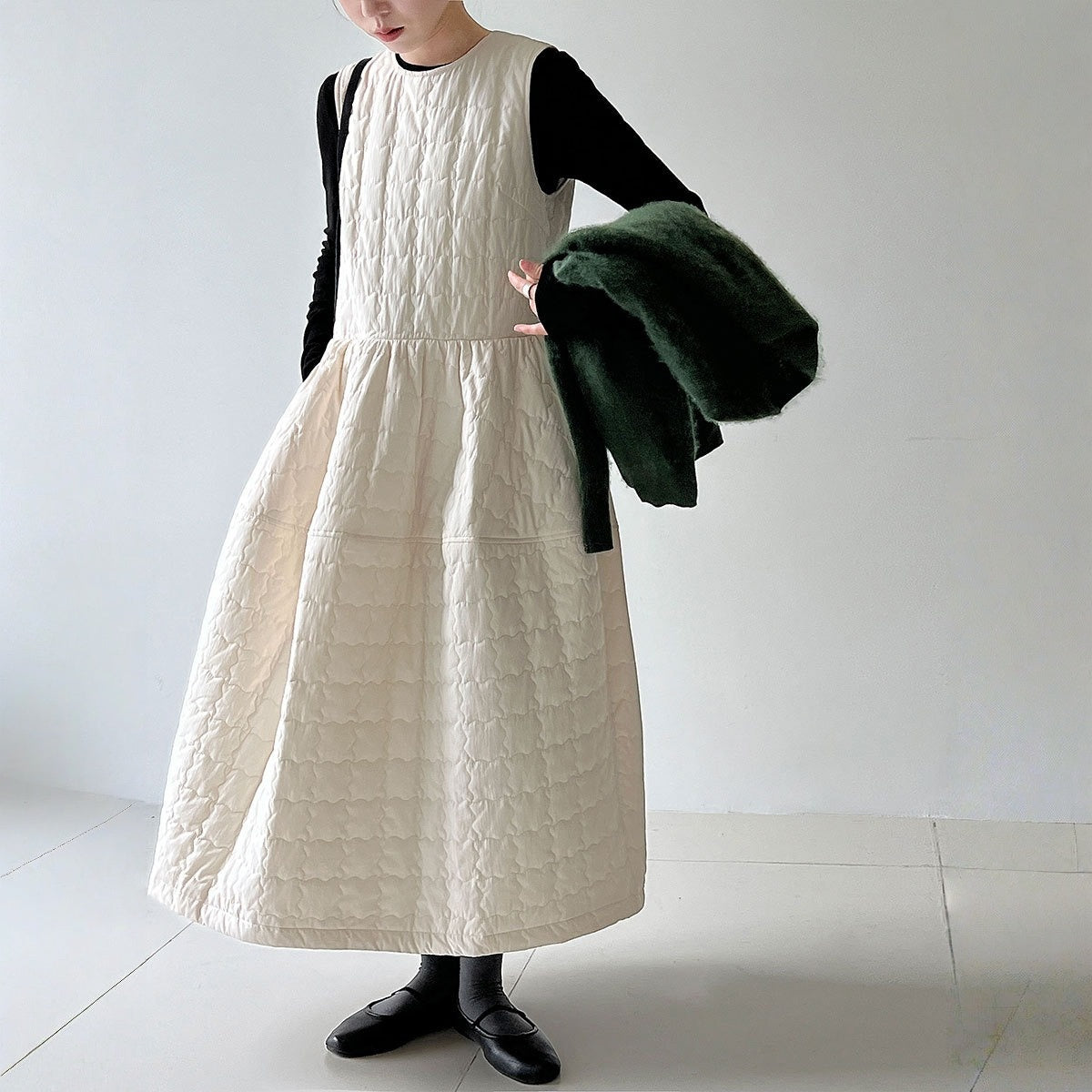 【ワンピース】春 秋 冬 厚手 中綿入り リボン付き ゆったり ロング ノースリーブ ワンピース【JZシリーズ】