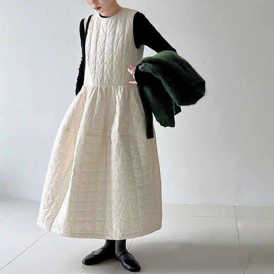 【ワンピース】春 秋 冬 厚手 中綿入り リボン付き ゆったり ロング ノースリーブ ワンピース【JZシリーズ】