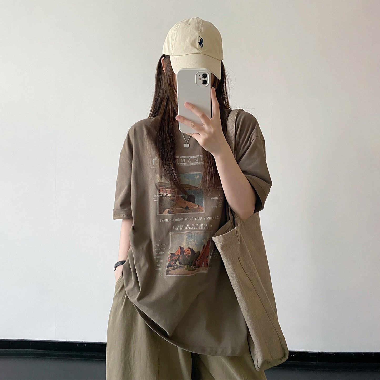 【トップス】ブラウン系 アートプリント 半袖Tシャツ コットン ゆったりシルエット ナチュラル カジュアル トップス【FCシリーズ】