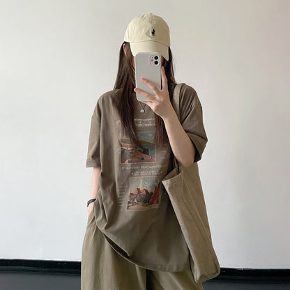 【トップス】ブラウン系 アートプリント 半袖Tシャツ コットン ゆったりシルエット ナチュラル カジュアル トップス【FCシリーズ】