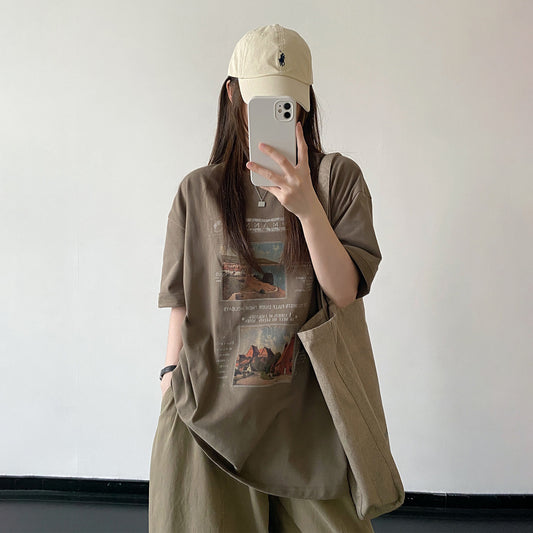 【トップス】ブラウン系 アートプリント 半袖Tシャツ コットン ゆったりシルエット ナチュラル カジュアル トップス【FCシリーズ】