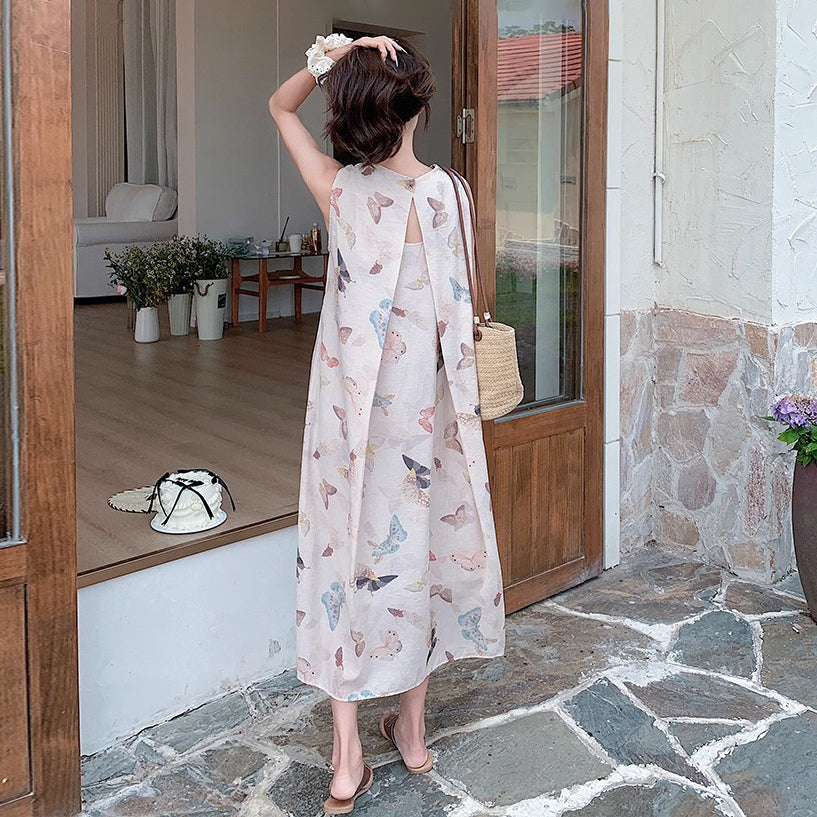 【ワンピース】蝶柄 花柄ノースリーブワンピース レディース 夏 ゆったり リゾート風 バックレス エレガントロングドレス【SHシリーズ】