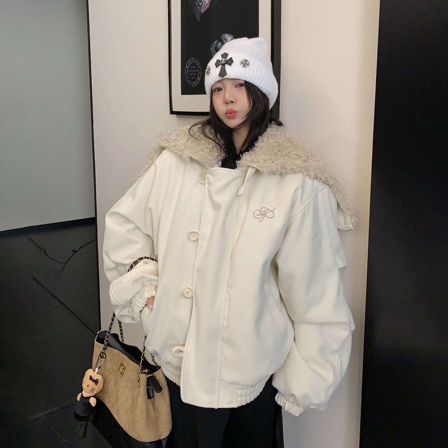 【アウター】フードファスナー開閉OK ✅️ レトロ個性派 セーラーカラー 厚手ウール調 綿入れコート【FCシリーズ】【10~13日発送】