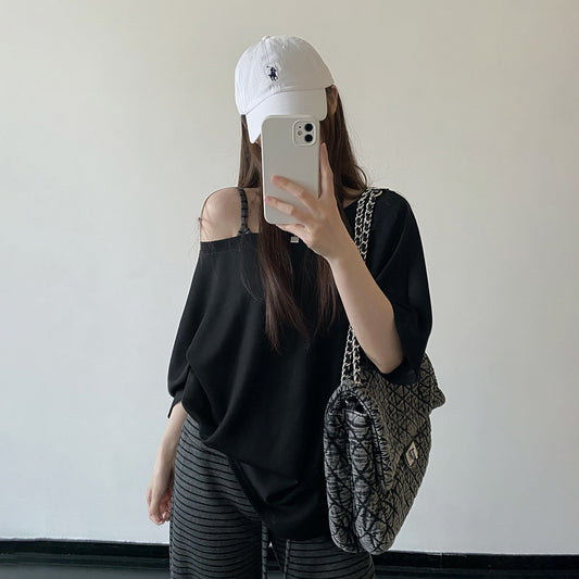 【トップス】オフショルダー Tシャツ レディース 夏 ブラック 半袖 ドロップショルダー ルーズフィット カジュアル シンプル トップス 人気【FCシリーズ】