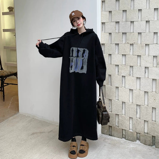 【ワンピース】韓国風ロゴパーカーワンピース レディース 冬新作 大きいサイズ 裏起毛 ロング丈 ゆったり レトロ【FCシリーズ】