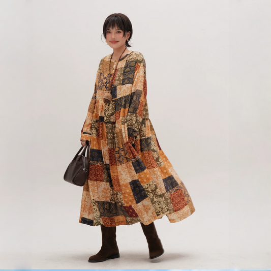 【ワンピース】春 秋 冬レトロ プリント ゆったり 長袖 ワンピース 【JZシリーズ】
