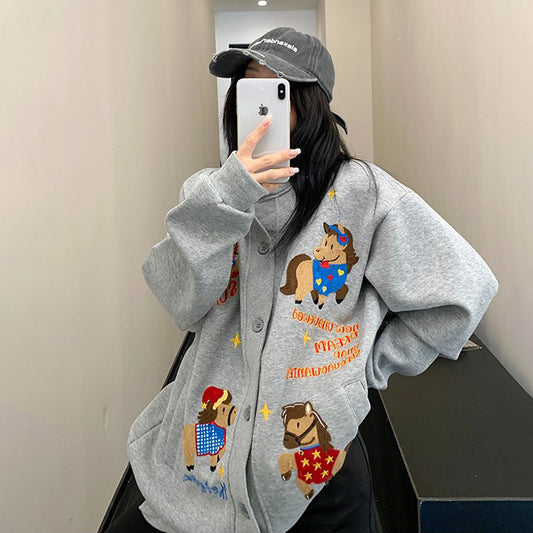 【アウター】アメリカンヴィンテージ風 リラックス感 カートゥーン刺繍ジャケット レディース【FCシリーズ】