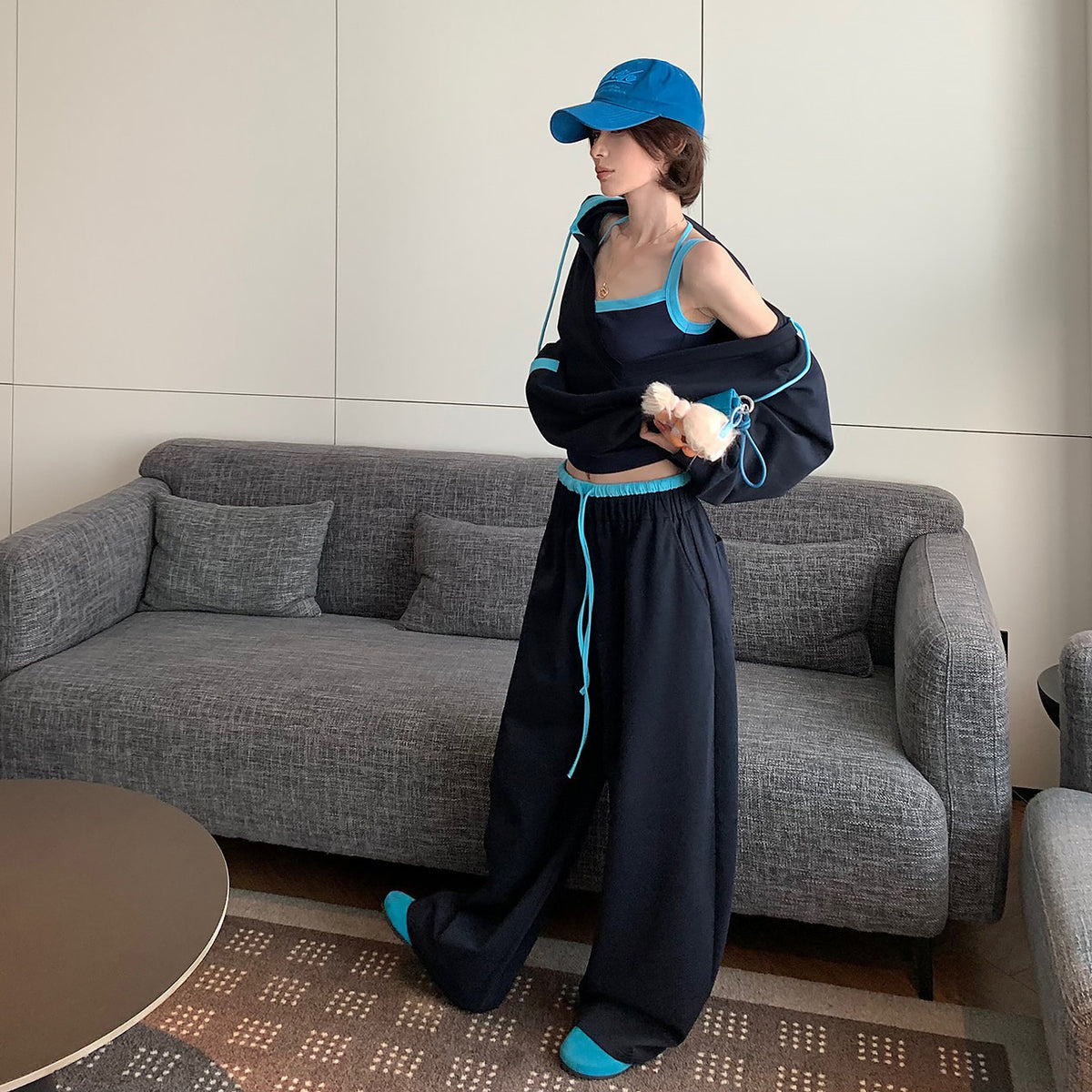 【セットアップ】【単品注文】韓国風フード付きスウェット×ワイドパンツ 上下セット レディース 秋新作 ゆったり体型カバー【FCシリーズ】