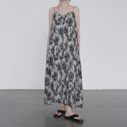 【ワンピース】夏新作 小众デザイン プリーツ加工 ローズ柄 キャミソール ハイエンド ノースリーブワンピース【SHシリーズ】