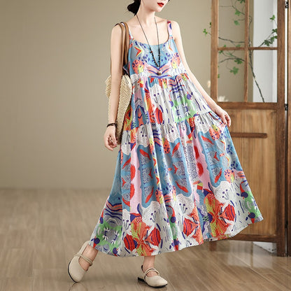 全6柄展開【ワンピース】 綿麻素材 花柄キャミワンピース｜ゆったり大きめサイズ＆ロング丈 ノースリーブワンピース【SHシリーズ】