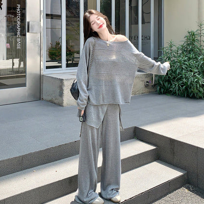 2点セット！【セットアップ】グレーニット 上下セット レディース オフショルダートップス＆ワイドパンツ ゆったり リラックス 秋コーデ【JZシリーズ】