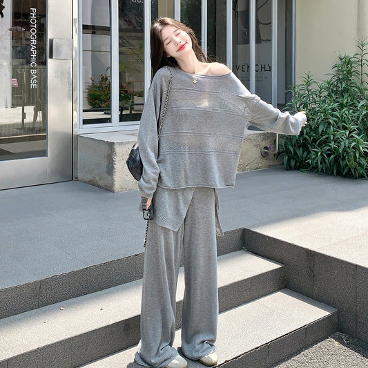 2点セット！【セットアップ】グレーニット 上下セット レディース オフショルダートップス＆ワイドパンツ ゆったり リラックス 秋コーデ【JZシリーズ】