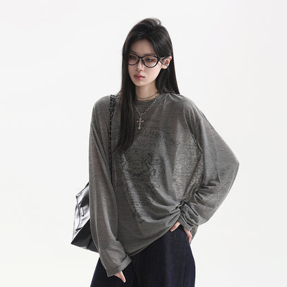 【トップス】アメリカンプリントシアーロンT レディース 薄手 長袖 透け感 ストリート Tシャツ【FCシリーズ】