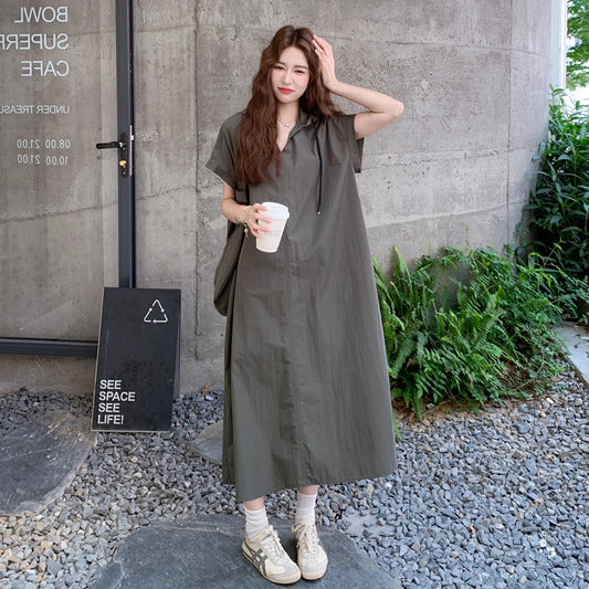 【ワンピース】今季大注目 アメカジ感漂う 半袖 ワークワンピース フード付きロング丈 夏【JZシリーズ】