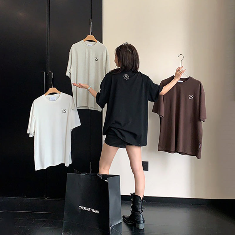 【トップス】ヴィンテージ風 シンプル刺繍Tシャツ 綿100％ レディース 夏 オーバーサイズ 半袖【FCシリーズ】