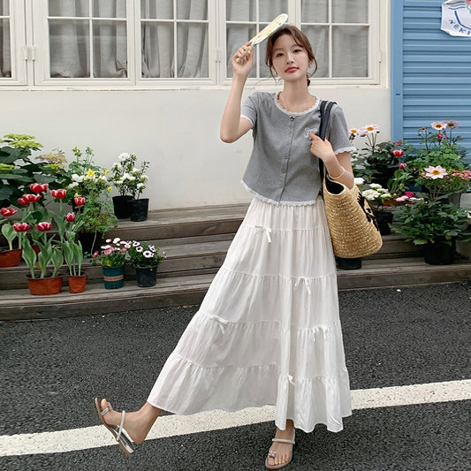 2点セット！【セットアップ】レディース 半袖Tシャツ＋リボン付きスカート セットアップ ファッショナブル＆若見え トレンド【JZシリーズ】