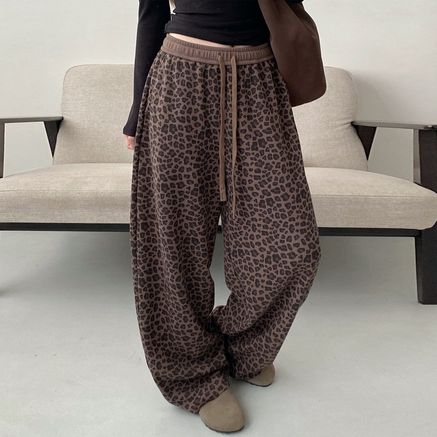 【ボトムス】アメリカンレトロ レオパード柄 ワッフルニット ワイドストレート イージーパンツ ウエストゴム レディース【FCシリーズ】