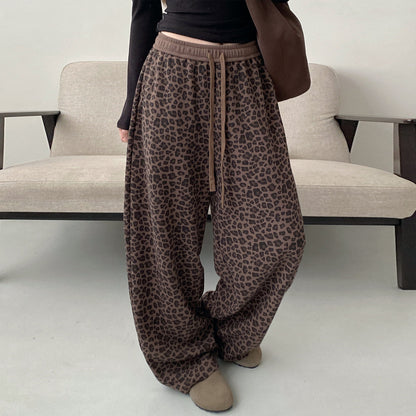 【ボトムス】アメリカンレトロ レオパード柄 ワッフルニット ワイドストレート イージーパンツ ウエストゴム レディース【FCシリーズ】
