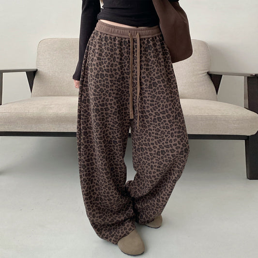 【ボトムス】アメリカンレトロ レオパード柄 ワッフルニット ワイドストレート イージーパンツ ウエストゴム レディース【FCシリーズ】