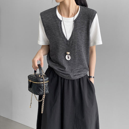 【トップス】韓国風 シンプルニット レディース フェイクレイヤード クルーネック 配色切り替え カジュアル着回し Tシャツ【JZシリーズ】