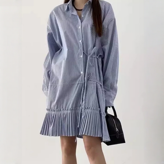 【ワンピース】春 秋 冬 サイドリボン ゆったり切替 プリーツ 長袖ストライプ ワンピース 【JZシリーズ】