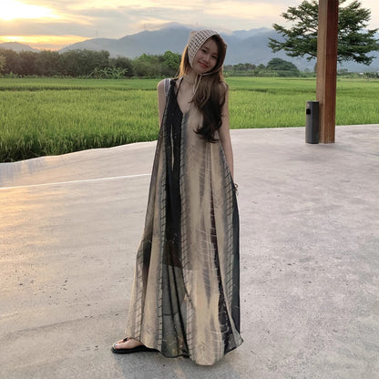 【ワンピース】アートプリント × デザイン感のある 夏用ノースリーブ Vネック タンクトップ風ロングワンピース【SHシリーズ】