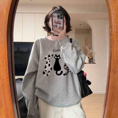 【トップス】猫柄  ヘビーウェイト アメリカンレトロ プルオーバー 裏起毛 スウェット レディース 体型カバー 高見え 人気デザインパーカー【FCシリーズ】