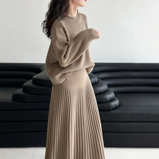 【セットアップ】春 秋 冬 クルーネック セーター + ハイウエスト  細見え プリーツスカート 2点セット 【JZシリーズ】