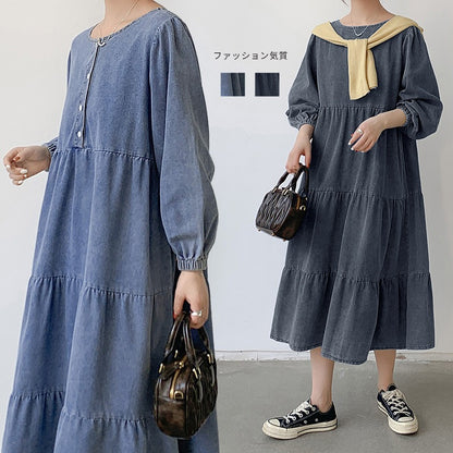 【24AW】【ワンピース】流行の予感 ゆったり 合わせやすい デニム長袖ワンピース