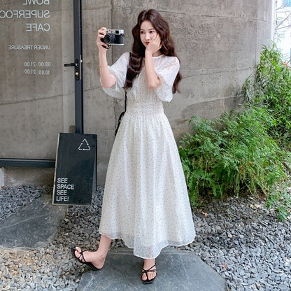 【ワンピース】韓国風 水玉ワンピース レディース ホワイト ミディ袖 重ね着風 デザイン性 上品 フェミニンワンピース【JZシリーズ】