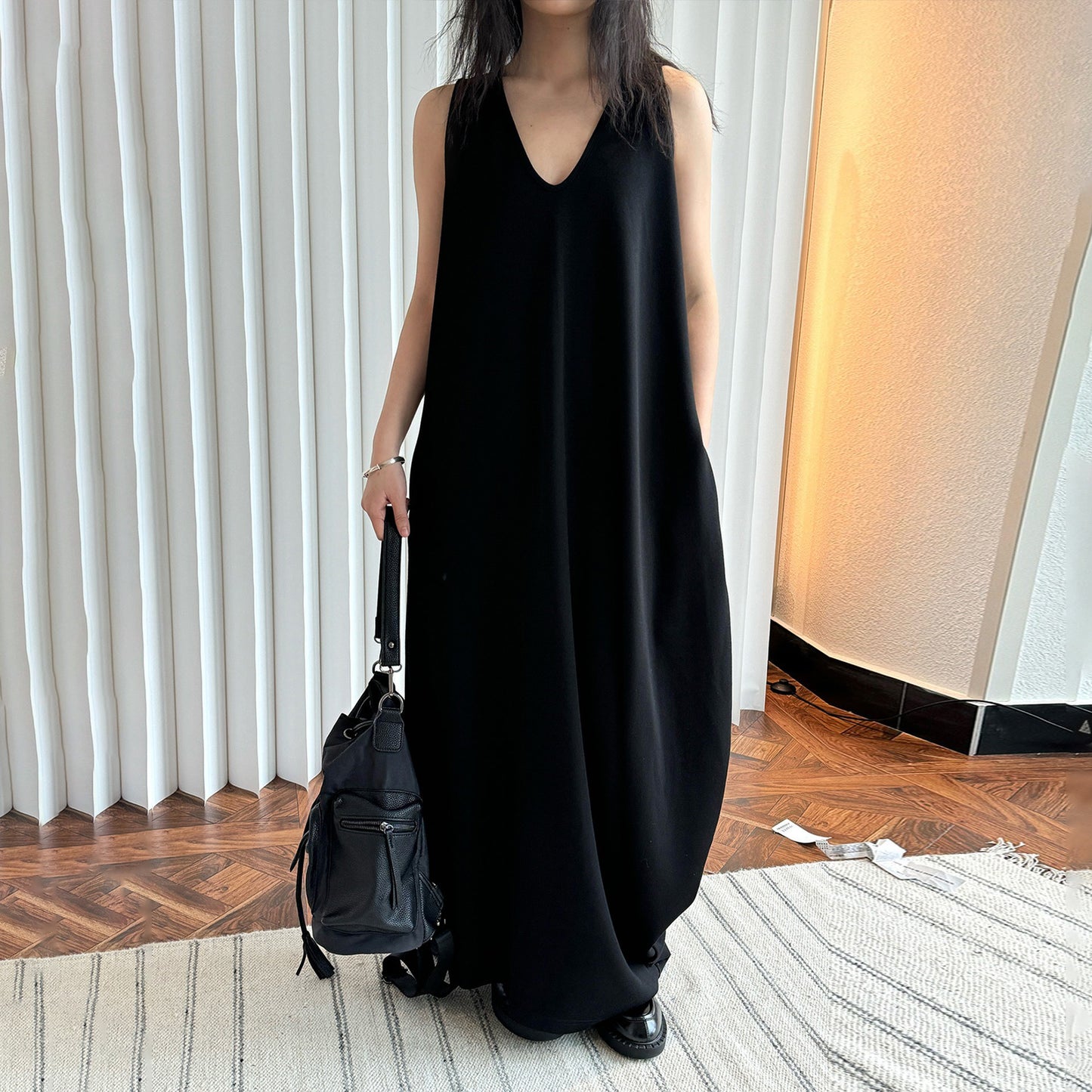 【ワンピース】夏 フレンチ ディープUネック アシンメトリー スリム バロン ノースリーブワンピース【JZシリーズ】