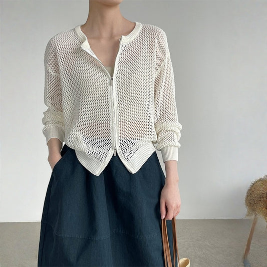 【アウター】透かし編み ジップアップ ニットカーディガン 【JZシリーズ】