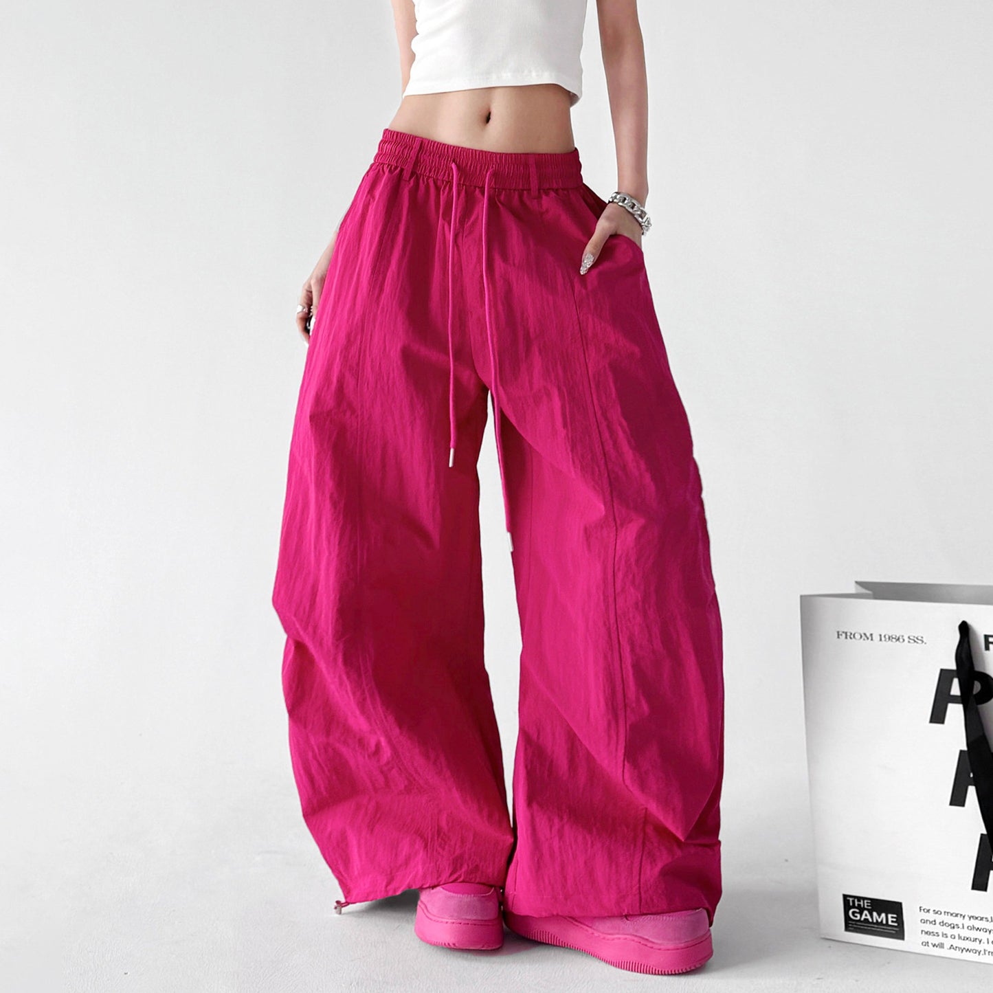 【ボトムス】美脚効果! 多幸感 ドーパミンカラー ローズレッド ワイドパンツ レディース ハイウエスト ストレート ルーズシルエット カジュアルパンツ【FCシリーズ】