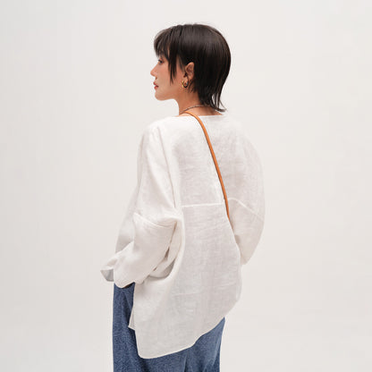 【トップス】天然高密度リネン ゆったりシルエット プルオーバーシャツ 夏用 薄手 大きいサイズ 長袖ブラウス【JZシリーズ】