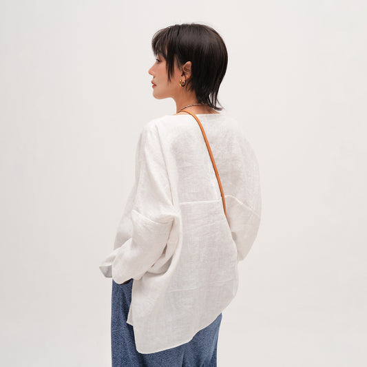 【トップス】天然高密度リネン ゆったりシルエット プルオーバーシャツ 夏用 薄手 大きいサイズ 長袖ブラウス【JZシリーズ】