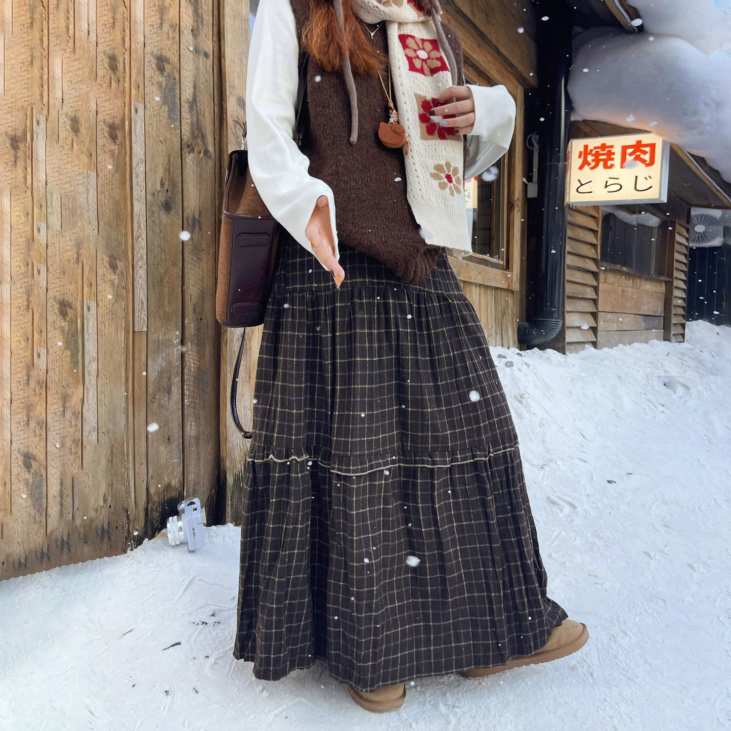 【ボトムス】チェック柄 フレアロングスカート 裏起毛 秋冬 新作 レトロ 細見え【SHシリーズ】
