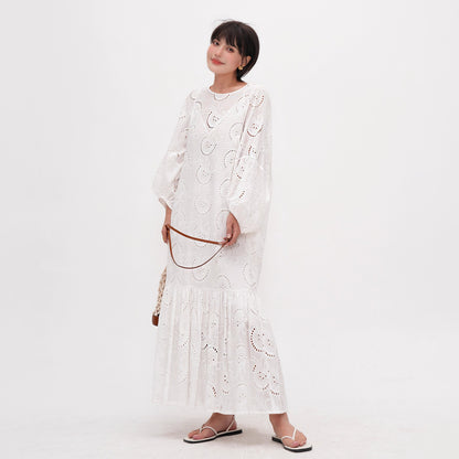 【ワンピース】ラウンドネック 長袖ワンピース レディース ゆったりスリム見え 刺繍入り フィッシュテール ロングドレス 上品なティータイムスタイル【JZシリーズ】