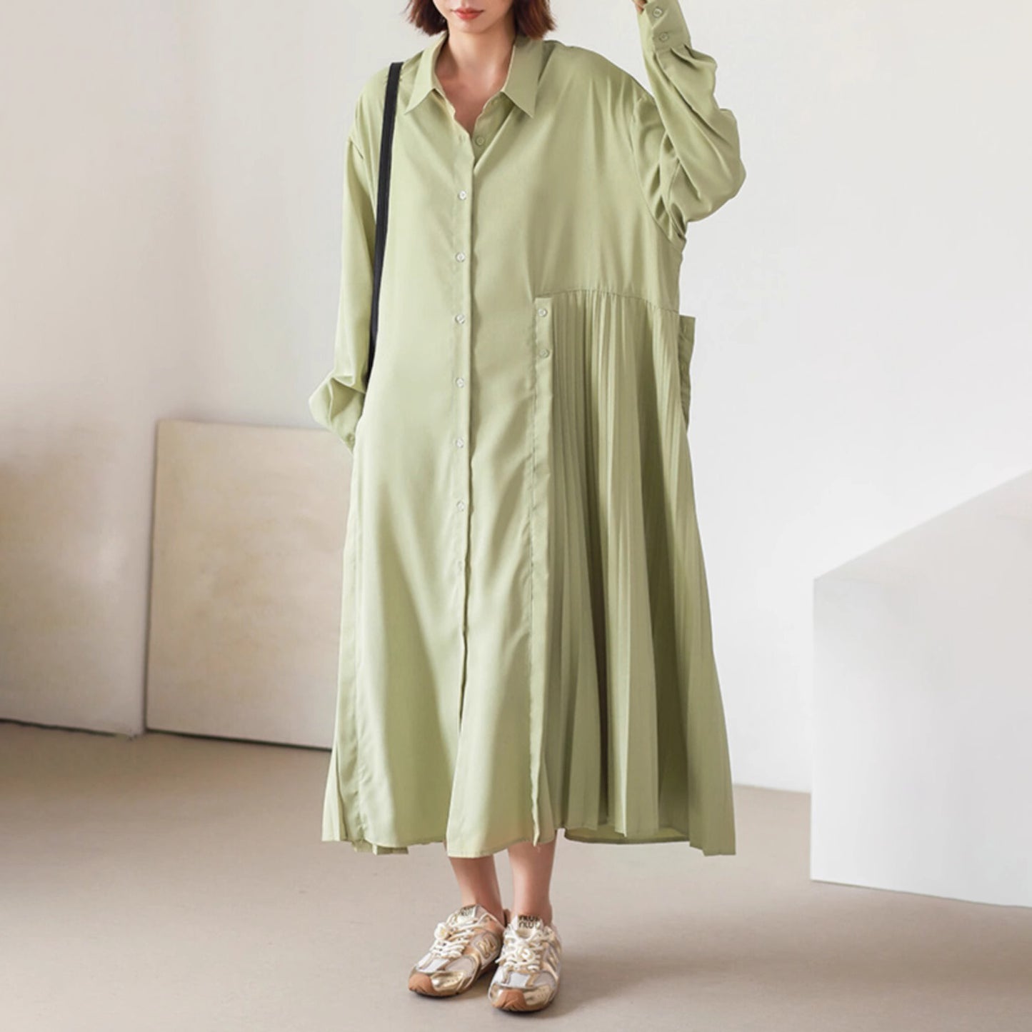 【24AW】【ワンピース】レジャー ラペル ルーズ プリーツ 長袖ワンピース