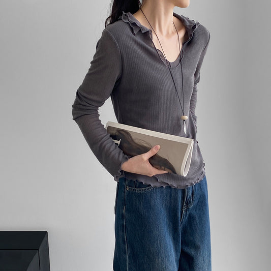 【トップス】シンプル雰囲気 ニットＴシャツ レディース 配色切り替え 二重デザイン フリル襟 上品【JZシリーズ】