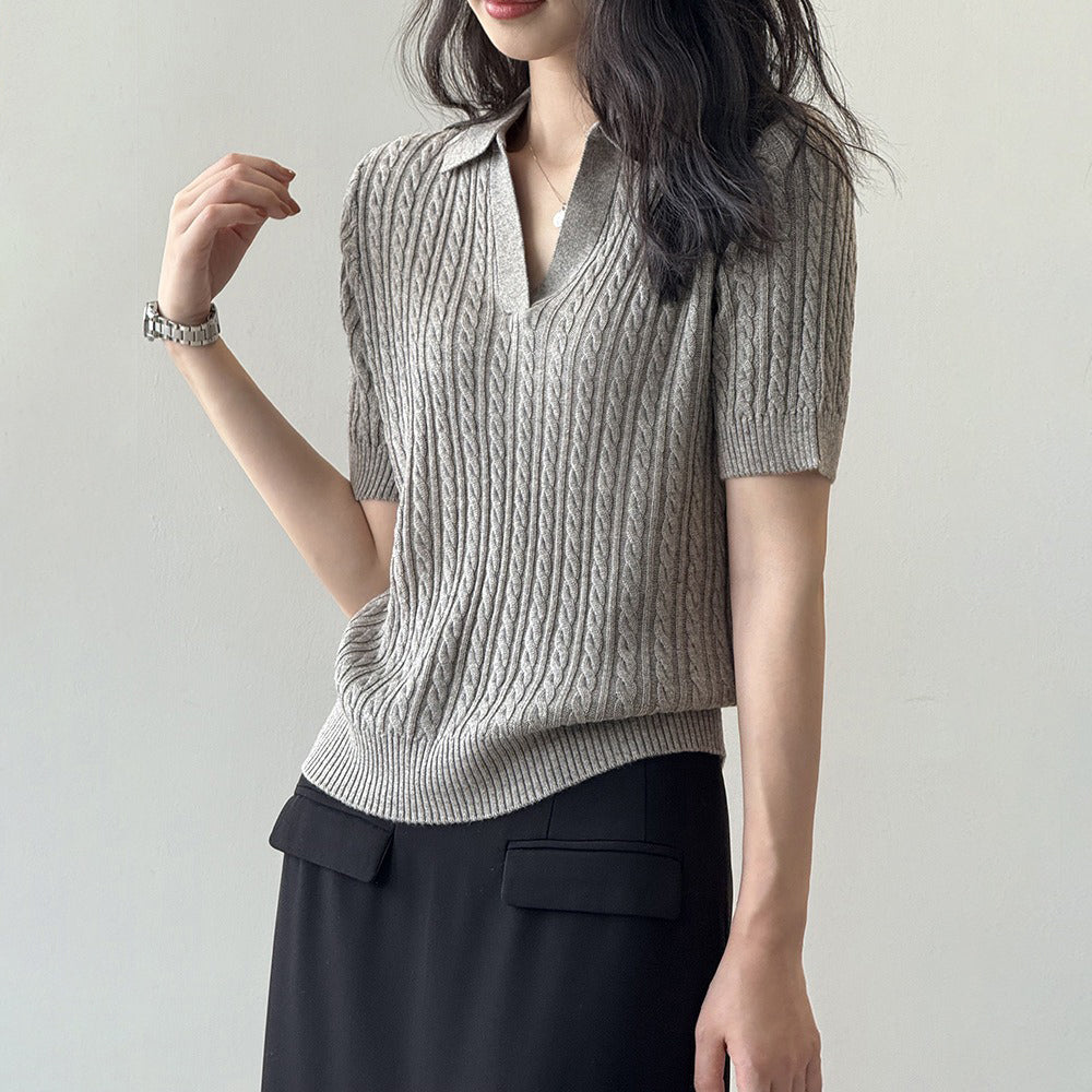 【トップス】ヴィンテージケーブル編みポロニット 半袖Tシャツ レディース 秋 Vネック スリムショート丈トップス【JZシリーズ】