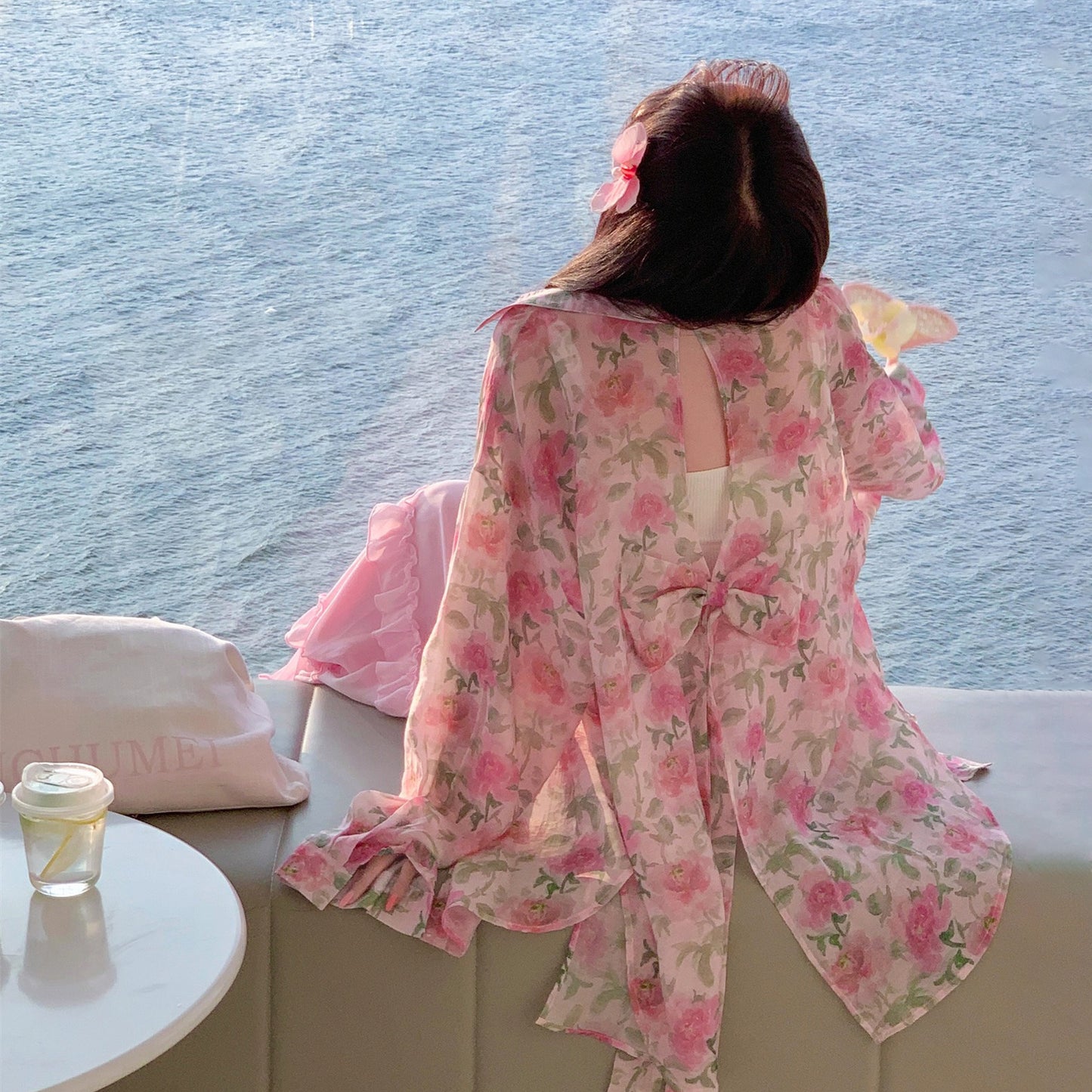 【アウター】UVカット フラワーシャツアウター 春夏 韓国風 ゆったり バックスリットデザイン【SHシリーズ】