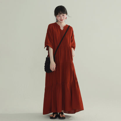 4color【ワンピース】ヴィンテージ風 ティアードワンピース レディース Vネック ロング丈 フェミニン 上品 半袖ワンピース【JZシリーズ】