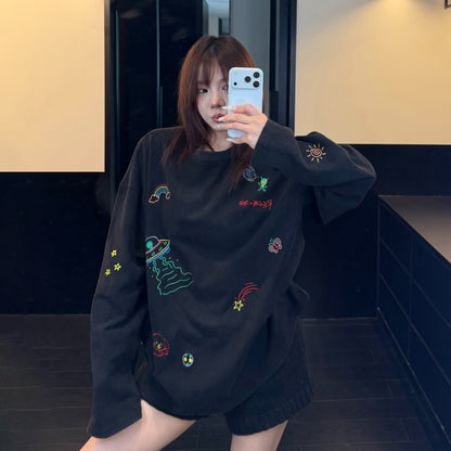 【トップス】ヴィンテージ刺繍グラフィックロンT レディース ウォッシュ加工 リラックス 秋コーデ 長袖Tシャツ【FCシリーズ】
