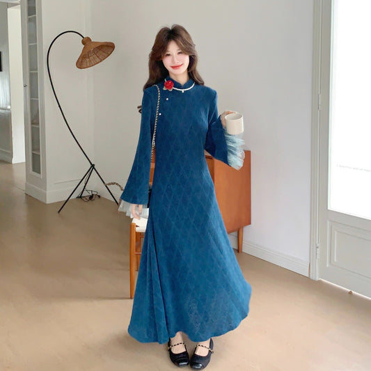 【ワンピース】チャイナドレス風 長袖ワンピース ダイヤ柄デザイン レース切替 フレアスリーブ 上品で華やかな ロングドレス【JZシリーズ】