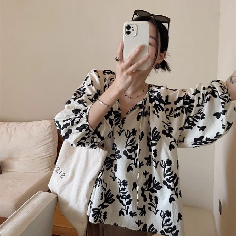 【トップス】フレンチ風パフスリーブ ゆるかわ花柄長袖ブラウス レディース【SHシリーズ】