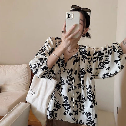 【トップス】フレンチ風パフスリーブ ゆるかわ花柄長袖ブラウス レディース【SHシリーズ】