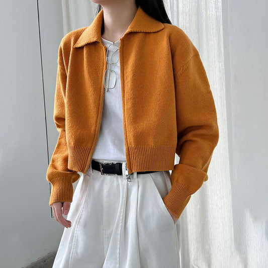 【トップス】春 秋 冬 ショート丈  ダブルジップ ニットカーディガン ポロカラー セーター 【JZシリーズ】